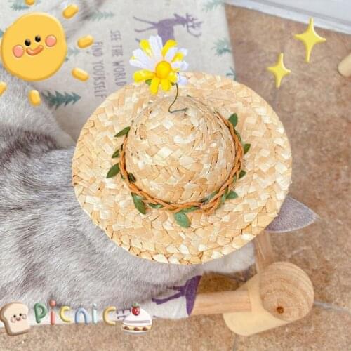 Flower Pet Straw Hat Summer Woven Pet Cat Wig Straw Hat Adorable Wig Cap Lovely Sunhats Sombrero Beach Cute Dog Sun Cap #7