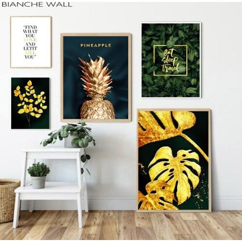 Golden Plant Pineapple Leaf Quote Canvas Poster Canvas Painting Picture Print European Wall Art Living Room Bedroom Decoration