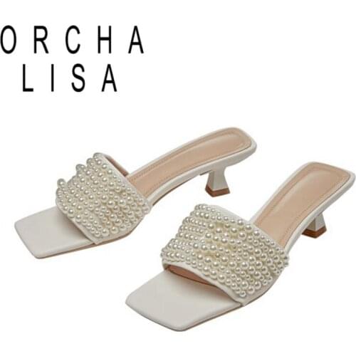 ORCHA LISA Big Size 34-43 Women Slippers Genuine Leather Ladies Mules Pearl Summer Med Heels Fashion Party Casual Shoes B2604