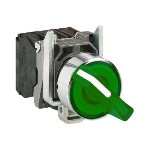 XB4BK123G5 = ZB4BW0G35 + ZB4BK1233 Illuminated selector switch, metal, green, Ø22, 2 positions, stay put, 110...120 V AC, 1 NO