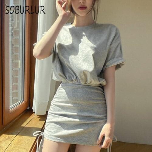 SOBURLUR Fake Two Pieces Short Sleeve Womens Dresses Lace Up Loose Harajuku Chic Package Dress LGirls Lady Female Clothing Robe
