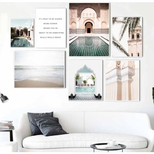 Mosque Morocco Building Palm Leaves Beach Wall Art Canvas Painting Nordic Posters And Prints Wall Pictures For Living Room Decor