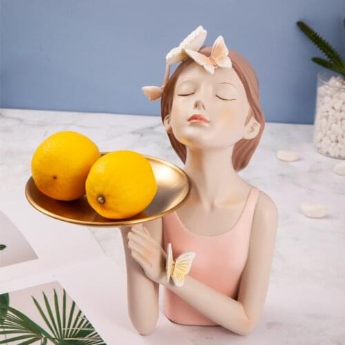 Luxury Tray Girl Resin Sculpture Nordic Objects Butterfly Fairy Girl Flower Vase Ornament Tabletop Storage Home Desk Decoration
