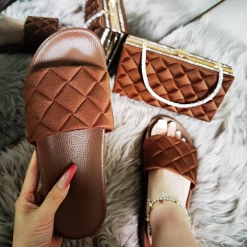 New Hot Rhinestone Dress Dinner Bag Ladies Clutch Bag Slides Set Plaid Bag Slippers Women Handbags Matching Fashion Sandals