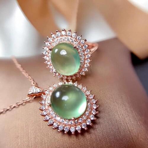 Wedding Best Gift Prehnite Jewelry set Natural And Real Prehnite Set 925 sterling silver Fine jewelry 1pc Ring,1pc Pendant