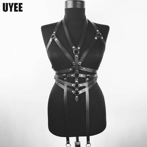UYEE PU Leather Womens Harness Bra Cage Sexy Lingerie Bdsm Pastel Goth Suspenders Full Body Bondage Underwear Strap Casual Belt