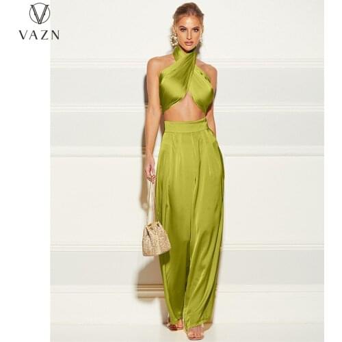 VAZN 2021 Summer Solid Evening Party Cross Bandage Top Halter Sleeveless Young Sexy Women Pencil Jumpsuits