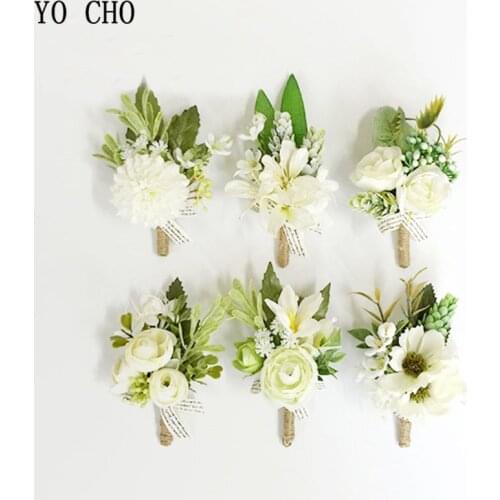 YO CHO Boutonniere Wedding Corsages and Boutonnieres White Ribbon Silk Flower Boutonnieres Groom Men Mariage Wedding Accessories