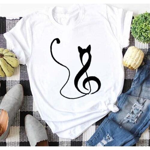 Maycaur Cute Cat Printed Women T-Shirt Music Notes Printing Graphic Tee Women Summer Tops Female Harajuku Tshirt Korean Shirts