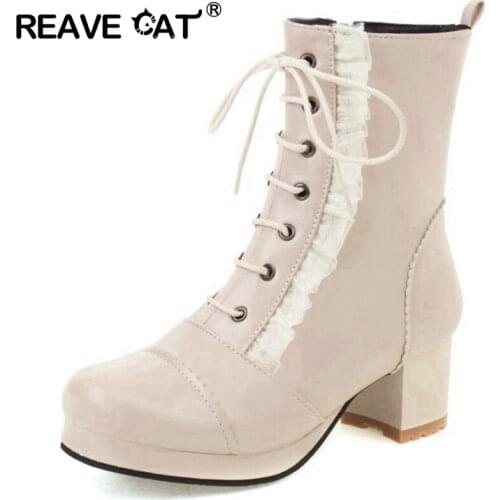 REAVE CAT Autumn Winter Ankle Short Boots Round toe Chunky Heels Zip Lace Up Lolita Ladylike Small Big Size 30-43 Black S2472