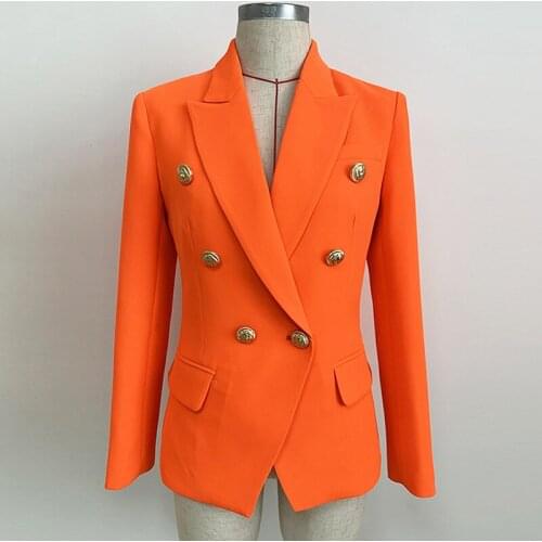 Free Shipping 2021 Designer Fashion Neon Orange Blazer Women High Quality Double Breasted Slim Blazers Chic Ladies Outwear