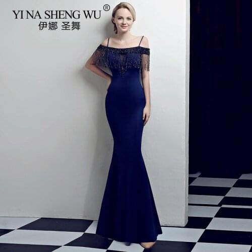 New Elegant Mermaid Long Dress Satin Sexy Spaghetti Straps Formal Gown With Beading Womens Occasion Dress Vestido Longo