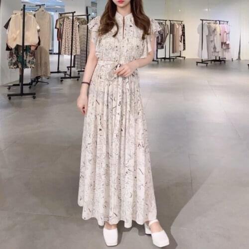 Elegant Stand Collar Flying Sleeve Long Dresses for Women Pleated Bandage Slim Waist Summer Dress Chic Simple Print Vestidos