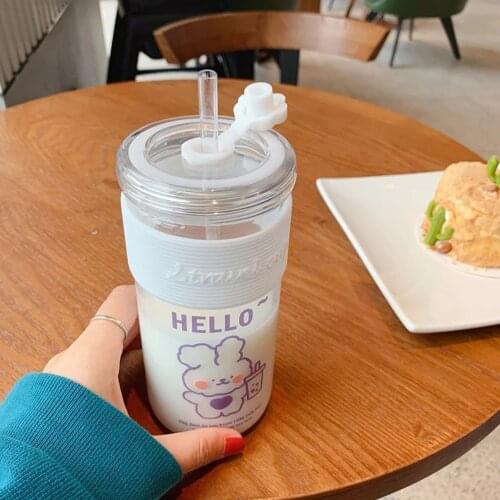 450ml Bubble Tea Bear Glass Water Bottle BPA Free Transparent Creative Water Bottles With Straw Cartoon Boba Office Coffee Cup