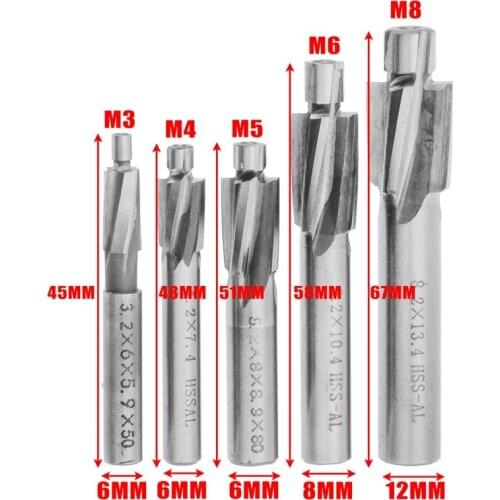 5Pcs HSS Counterbore End Mill M3-M8 Pilot Slotting Tool Milling Cutter Countersink End Mills