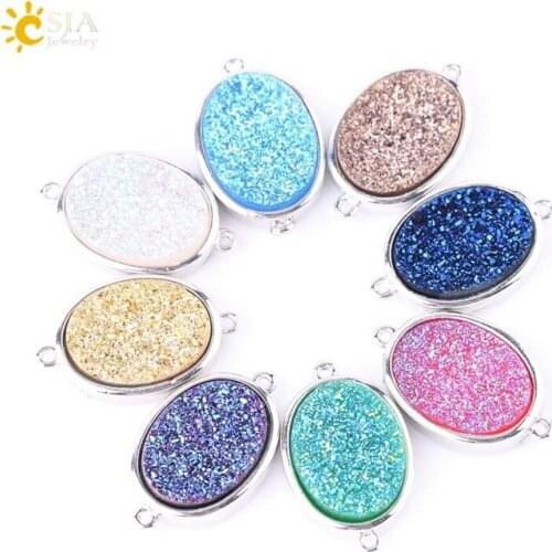 CSJA High Quality Silver-color Druzy Beads Egg Shaped Drusy Quartz Bead Flat Back Hollow Connector for DIY Earrings Jewelry F555