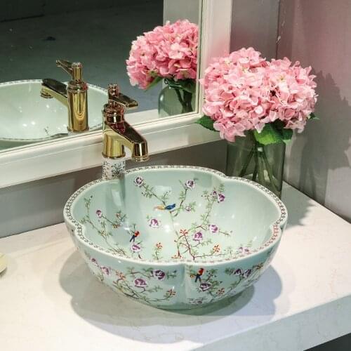 Europe Style Porcelain Hand Painted Art Lavatory Sink Antique Bathroom Vessel Sink color wash basin flower and bird blue