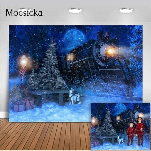 Winter Snow Train Backdrop for Photography Christmas Eve Newborn Kids Baby Portrait Photo Booth Background Road Light Snow Scene