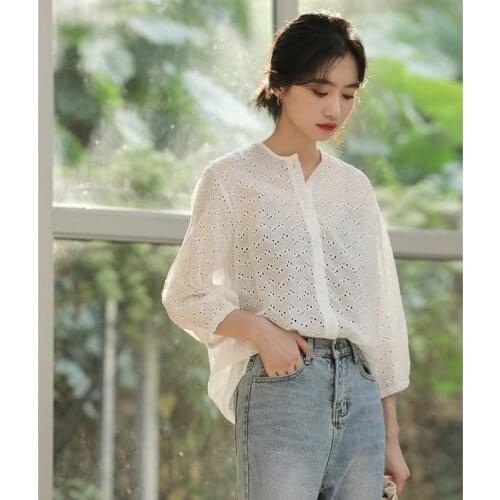 2020 Cotton and Linen Lace Shirt Top
