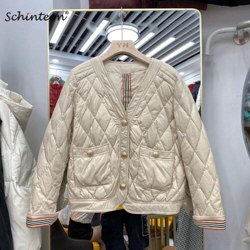 2021 New Schinteon Light White Duck Down Jacket Loose Over Size Solid Color Coat Casual V-Neck Collar Autumn Short Women Outwear