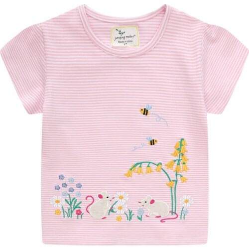 Jumping Meters Summer Tees Tops For Baby Girls Wear Cotton Mouse Embroider Floral Kids Girls T shirts Cute Stripe Toddler Shirt