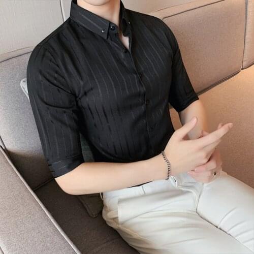 Summer Striped Shirts Men Short Sleeve Casual Business Formal Dress Shirts High Quality Slim Fit Social Party Male Clothing 4XL