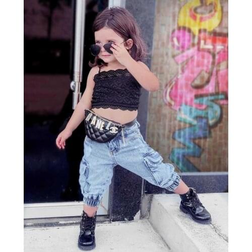Summer Girl Baby Trendy Clothes Set Floral Embroidery Sleeveless Lace Cropped Tops + Solid Color Long Overalls Jeans