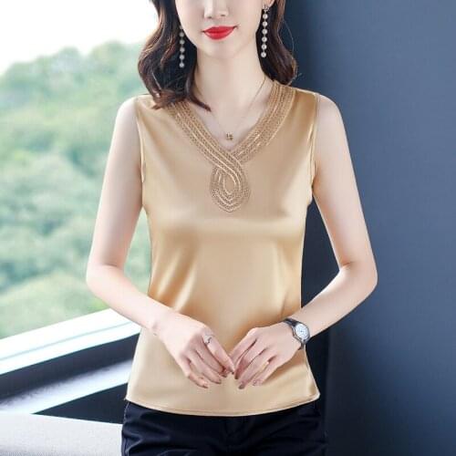 Satin Silk Tank Top Women Blusas Sexy V Neck Basic Tops Casual Womens Vest Camisole Lace Crop Tops Female Shirt Summer Cropped