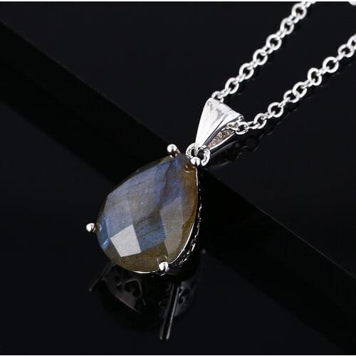 Silver Fashion Pendant Necklace Big Pear Shape 10 * 14MM Natural Labradorite Pendant Necklace Gift Anniversary Party Wedding