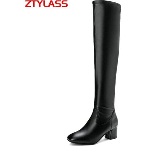2021 Fashion Stretch Knee High Boots Women Winter Boots Square Loe Heel Long Boots Square Toe Zipper Autumn Boots Black White