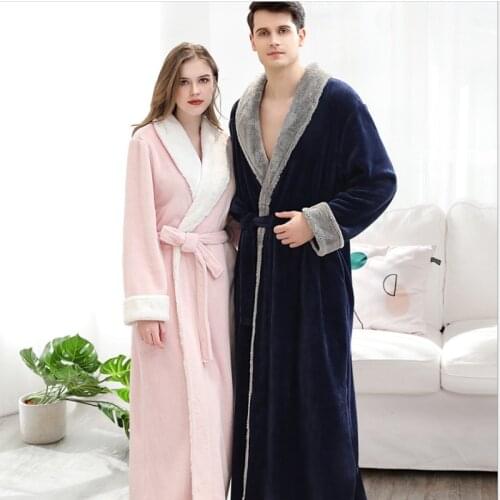 Men extra long Warm Flannel Bathrobe 40-100 KG Men Winter Coral Fleece Bath Robe Night Sleepwear Women Dressing Gown Cozy Robes
