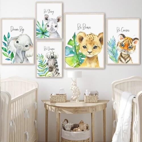 Watercolor Zebra Wall Art Canvas Painting Lion Tiger Rhinoceros Giraffe Nordic Posters Prints Wall Pictures For Kids Room Decor