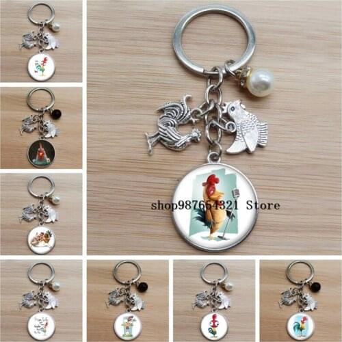 New cute cartoon chicken. Round photo keychain glass cabochon pendant keychain car bag pendant keychain jewelry