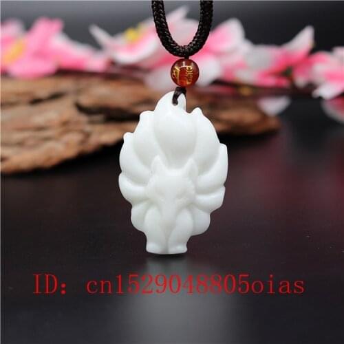 Natural White Chinese Jade Nine-tailed Fox Pendant Necklace Charm Jewellery Fashion Accessories Carved Amulet Gifts for Women
