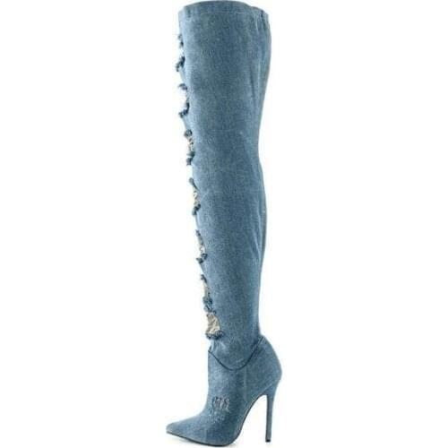 Newest woman sexy boots denim blue lace cut-outs over the knee boots thin heels jeans boots thigh high boots
