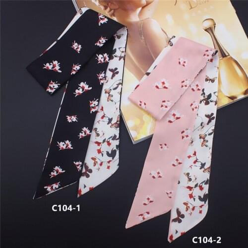 Summer sweet style silk scarf butterfly floret twill satin scarf womwn luxucy tied bag ribbon narrow turban headband female M45