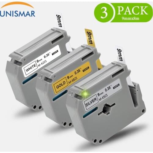 Unismar 3PK MK221 MK821 MK921 Label Maker for Brother MK Tapes 9mm Black on White Gold Silver MPT-70 PT-80 PT-85 Label Printer