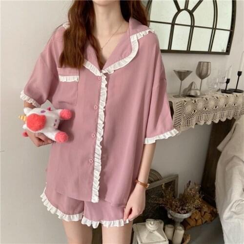 Japanese Summer Ladies Pajama Soft Sweet Pajamas Comfortable Short Sleeve Womens Black Fungus Edge Home Wear V-Neck sleepwear