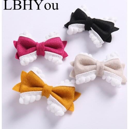 1pcs Non-woven Fabric Bows Hair Clips Cute Girls Felt Cloth Hairpins With Pompom Trims,School Girls Knotbow Hair Accessories