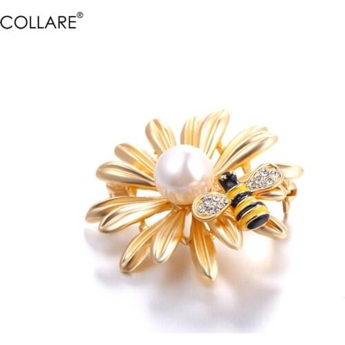 Collare Big Flower With Bee Brooches For Women Gold/Silver Color Simulated Pearl Daisy Jewelry Animal Brooches B904