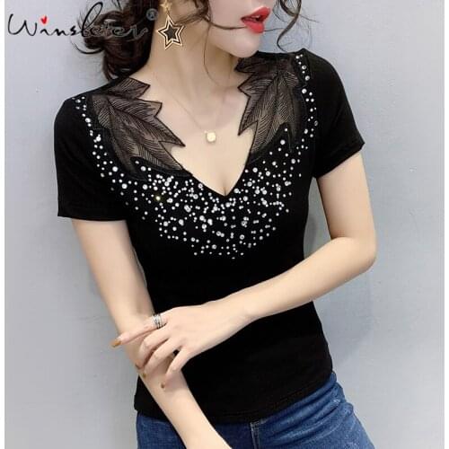 2020 Summer Tshirt Short Sleeve Plunging V Neck Tee Tops Casual Women Cotton Fabric Breathable Lace Diamonds T Shirts T03805B