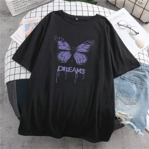 Gothic Y2k Aesthetic Loose Ladies T-shirt Purple Butterfly Print Korean Style Ladies Tops T-shirt Harajuku Punk Clothes Tshirt