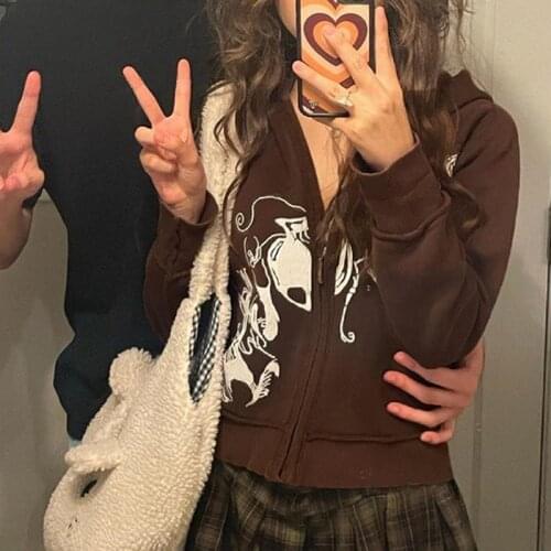 Y2K Fairy Grunge Brown Cropped Hoodies Zip Up Long Sleeve Jacket Autumn Winter Women Harajuku Vintage Sweatshirt Coat Outwear