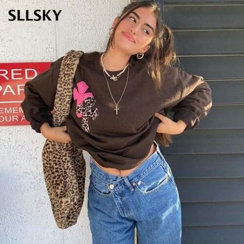 SLLSKY Leopard Patch Print Oversized Brown Tops women Spring Vintage Crewneck Long Sleeve Sweatshirts Indie Outfits Streetwear