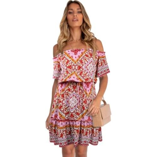 Women Summer Sexy Floral Bohemia Mini Dress Elasticated Waist Loose Fit Casual Dress Ladies Off- shoulder Sundress Fashion