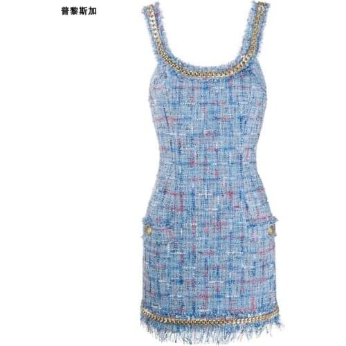 2020 summer women runway sexy spaghetti strap tweed dresses tassel chains bodycon pencil dress Y646