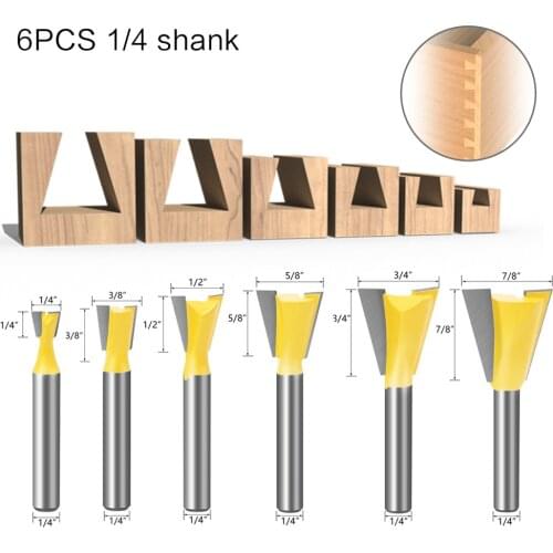 6 Pieces 6.35mm 1/4" Shank Dovetail Joint Router Bits Set 14 Degree Woodworking Cutting Bits Milling Cutters Kit