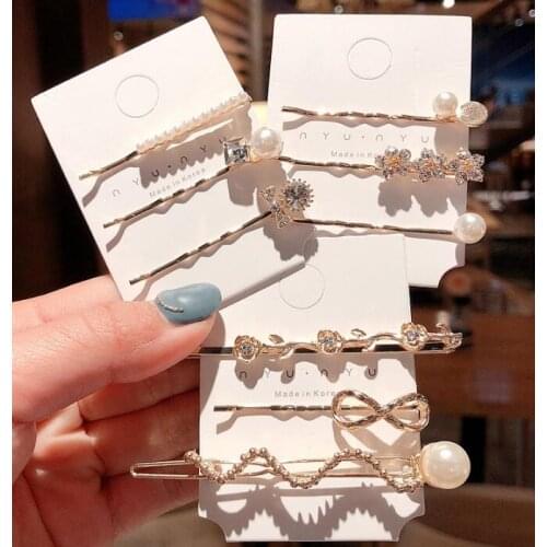 100set/lot 3pcs/set DIY Simple Multi Alloy Hearts No Flowers Hair Clips Pearl Hairpins Hair Styling Tools Accessories HA1467