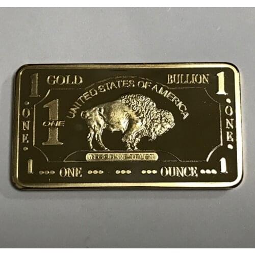 100 pcs Non Magnetic The Buffalo bar 1 OZ gold plated Yellow stone park Buff animal ingot badge 50 mm x 28 mm collectible bars