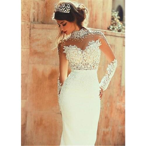 2019 Exquisite Sheer Back Sheath High-neck With Pearls Long Sleeves See Through Floor Length Wedding Dresses Sexy Backless